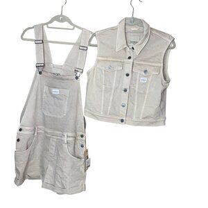 Calvin Klein Womens Overalls Vest Set Beige Size Large Cuffed Shorts Bib Y2K